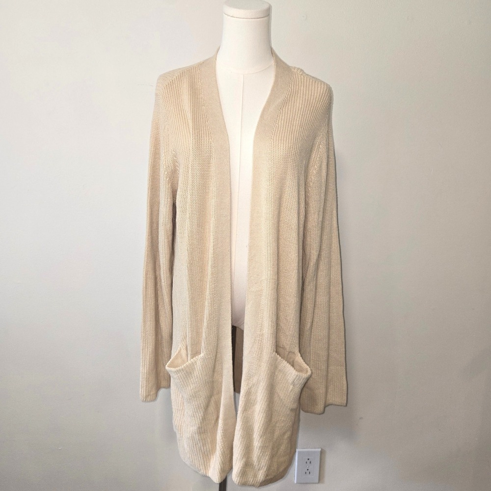 Gap Cardigan Sweater Womens XL Beige Ribbed Knit Longline Open Front Pockets
